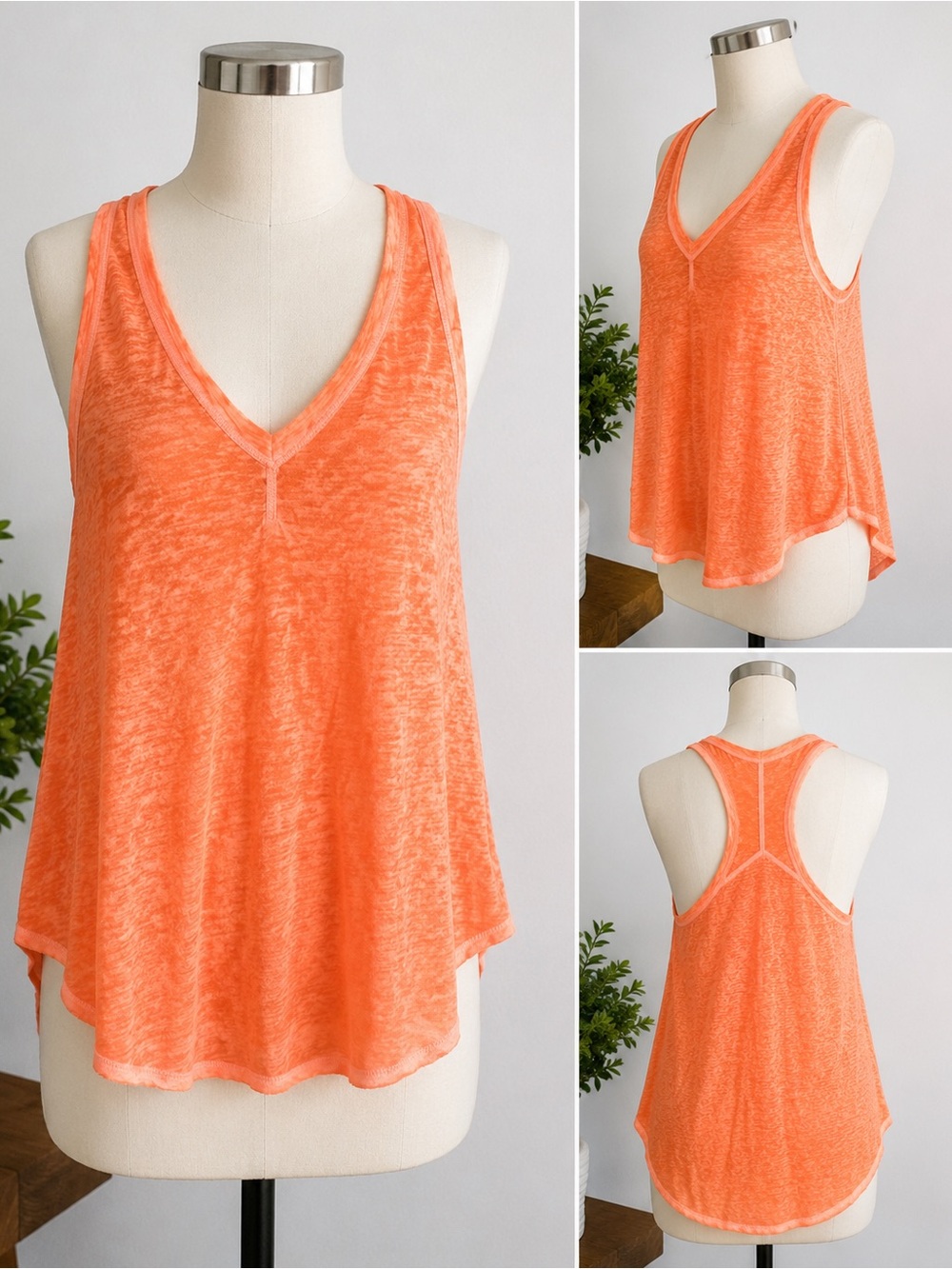 We The Free Free People Tank Top Medium Coral Orange Burnout V Neck Swing Boho